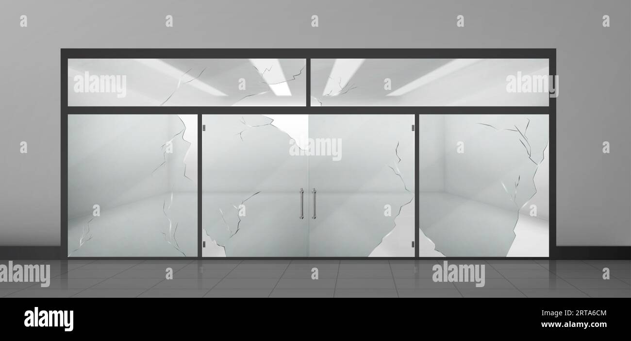 Entrée en verre cassée du magasin ou du musée. Grande porte fermée transparente et vitrine avec trous et fissures. Maquette réaliste de l'entrée principale avec des fenêtres au supermarché ou au bureau. Façade du centre commercial écrasée. Illustration de Vecteur