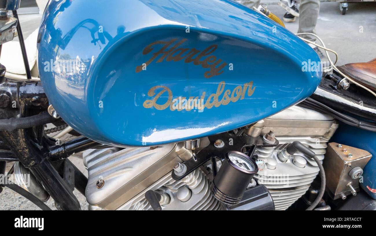 Bordeaux , France - 09 04 2023 : texte du logo harley davidson et signe de marque sur le chopper personnalisé réservoir de carburant rétro essence moto américaine Banque D'Images