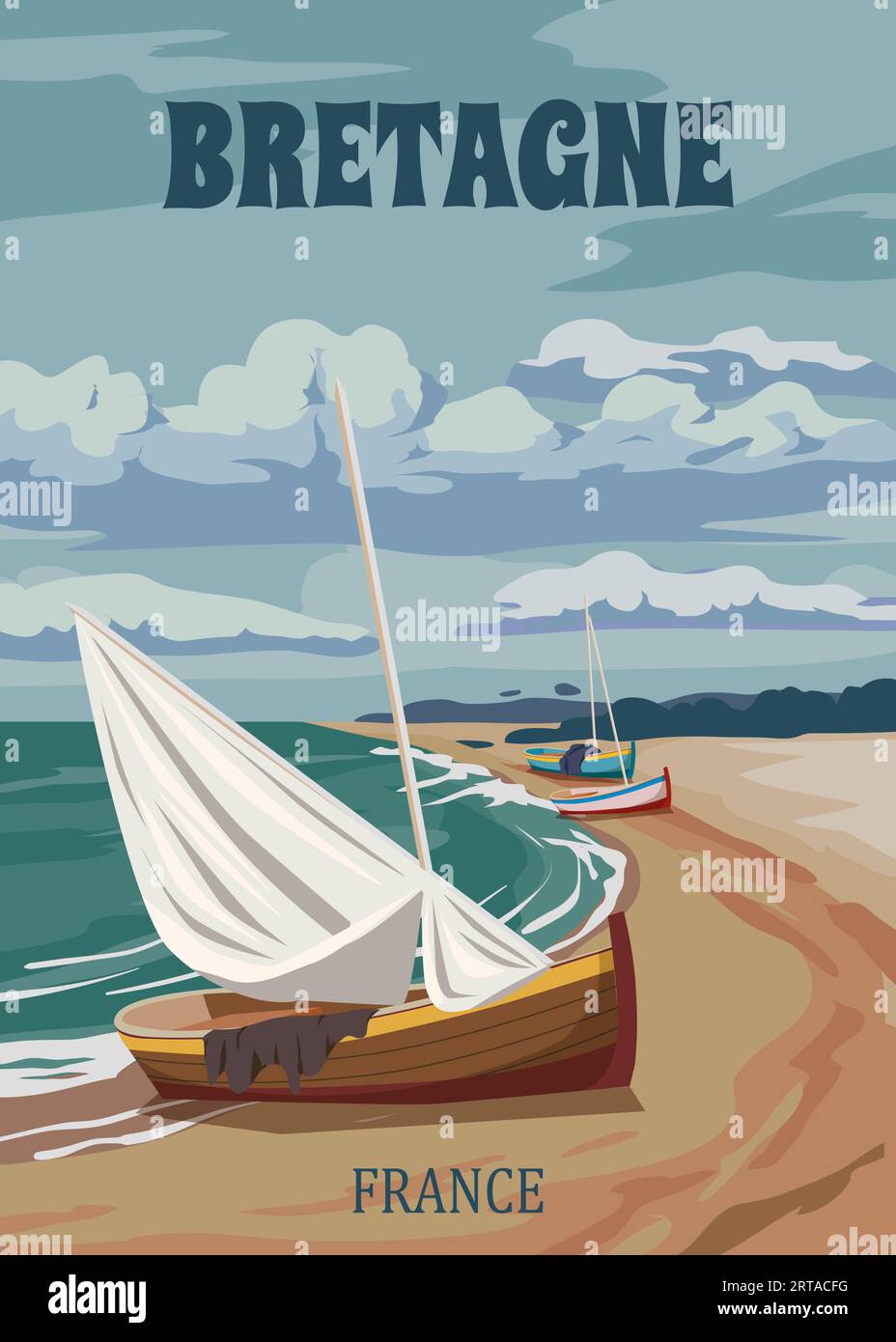 Poster voyage Bretagne France, voilier d'époque, paysage marin sable bord de mer paysage Illustration de Vecteur