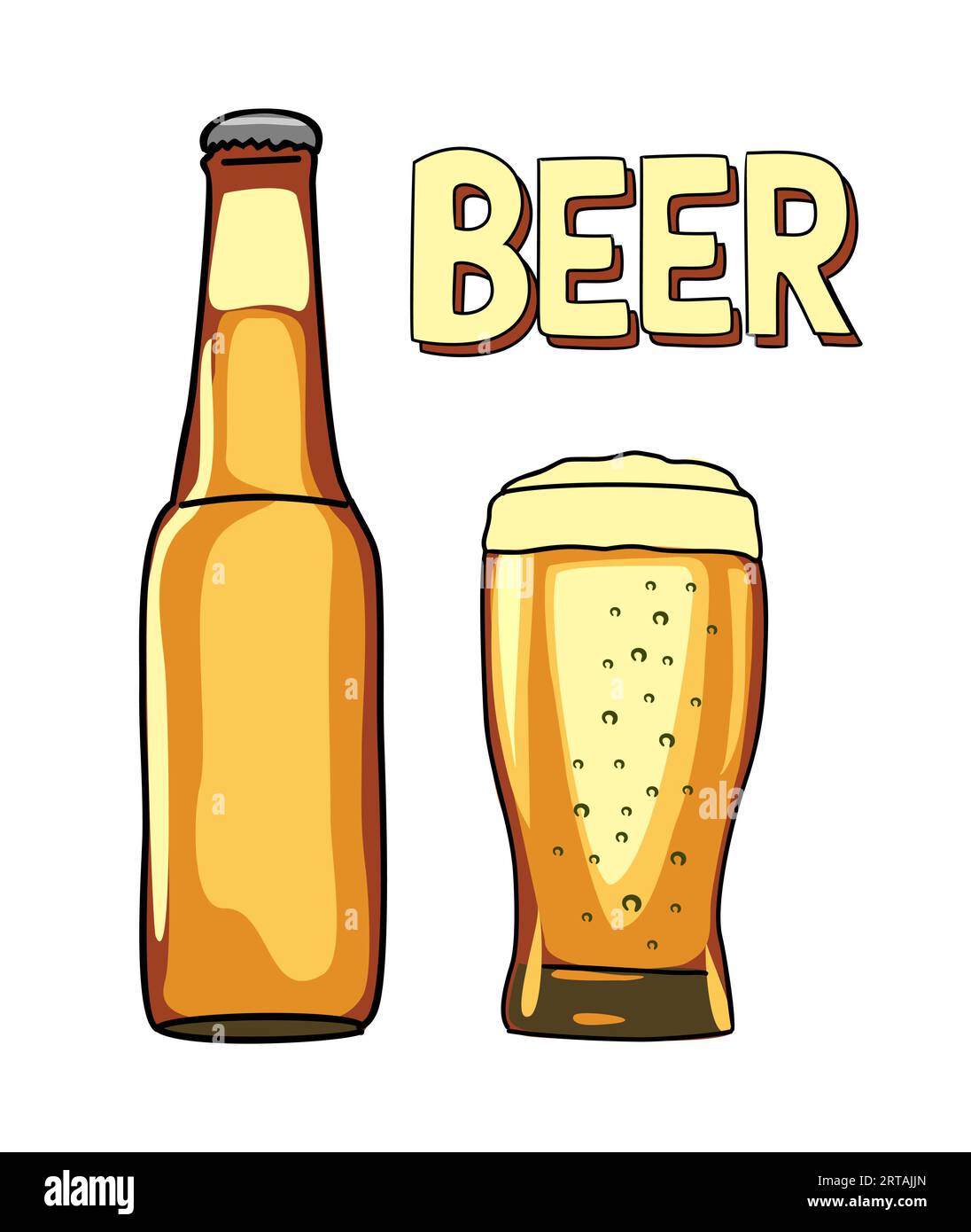 Verre à bière et bouteille avec texte dessiné à la main de bière. Illustration de Vecteur