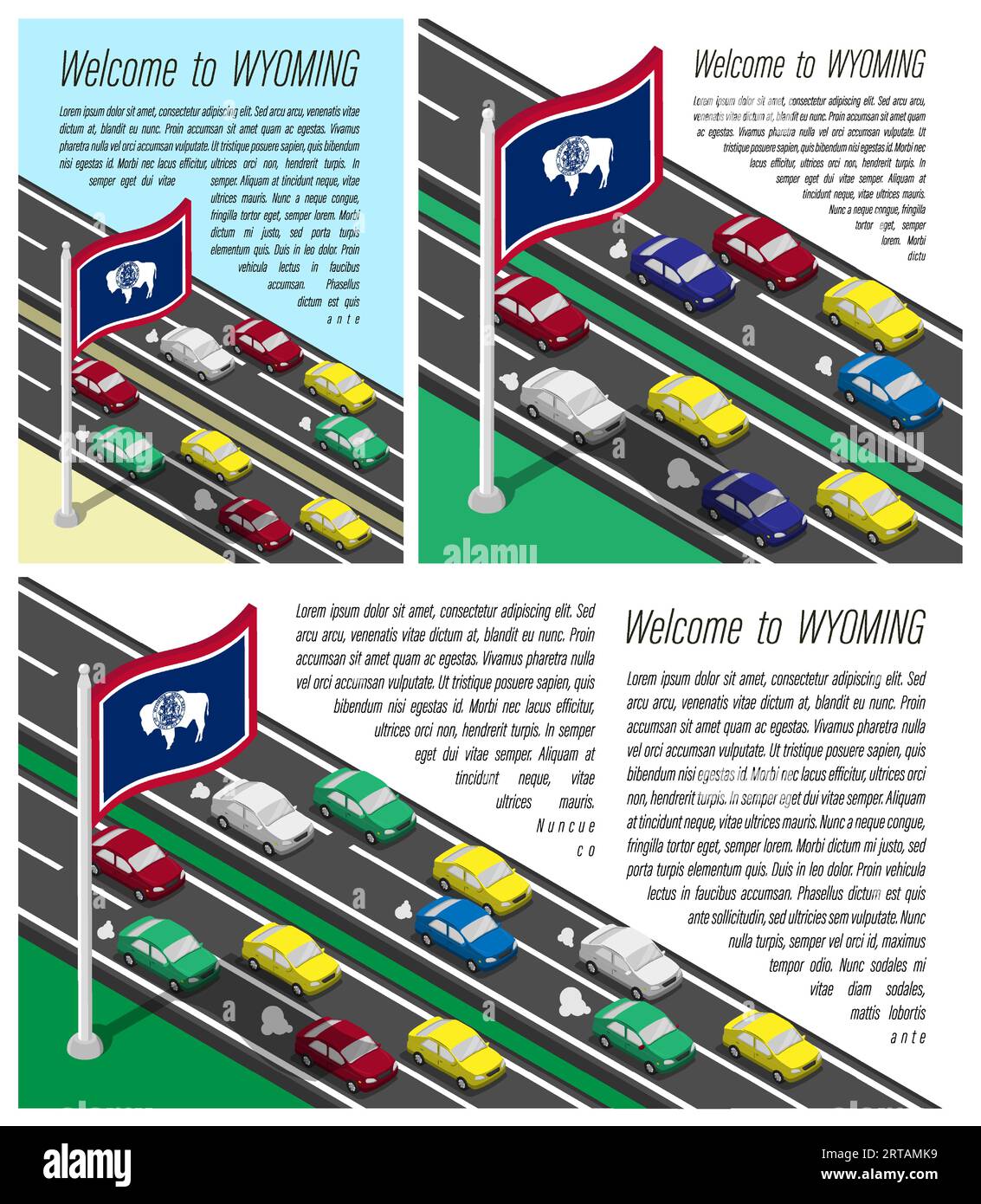 Drapeau isométrique de l'état américain du Wyoming sur mât battant dans le vent. Traversée de la frontière du Wyoming en voiture. Ensemble d'informations horizontal, carré Illustration de Vecteur