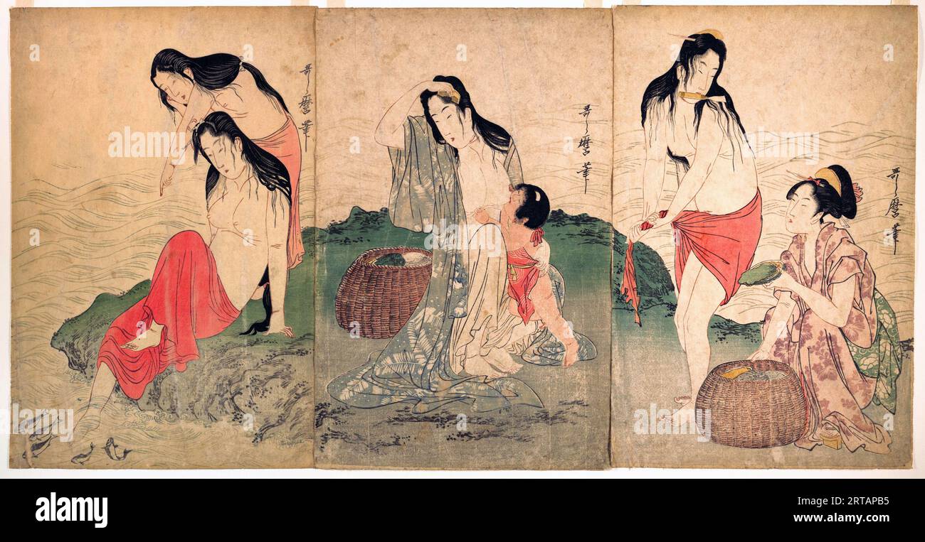 Japon : 'Abalone divers / The Abalone Fisherwomens'. Estampe triptyque sur bois Ukiyo-e de Kitagawa Utamaro (c. 1753 - 31 octobre 1806), c. 1797-1798. Le titre semblerait être un double sens, car peu de 'plongeurs' se seraient habillés, encore moins ressemblaient à ces beautés 'bijinn'. Kitagawa Utamaro était un graveur et peintre japonais, considéré comme l'un des plus grands artistes de gravures sur bois (ukiyo-e). Il est surtout connu pour ses études magistralement composées de femmes, connues sous le nom de bijinga. Il a également produit des études sur la nature, en particulier des livres illustrés d'insectes. Banque D'Images