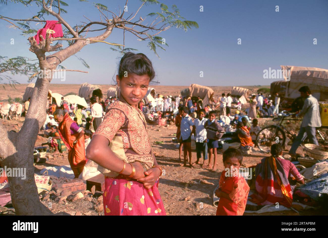 Inde : un camp de pèlerins, fête de Poornima tenue près du temple Yellamma, Saundatti, Karnataka (1994). Chaque année dans le mois hindou de Magh (janvier - février) plus d'un demi-million de personnes se rassemblent autour du minuscule temple de la déesse Yellamma à Saundatti. Yellamma est la patronne des devadasi ou des femmes dédiées au service d'une divinité ou d'un temple. Banque D'Images