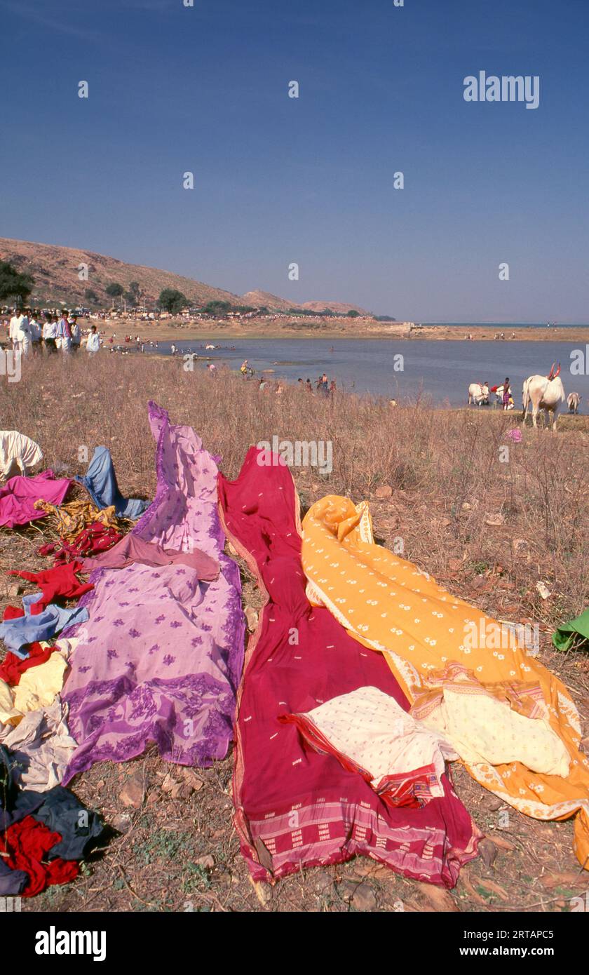 Inde : Sarees séchant dans un camp de pèlerins, fête de Poornima tenue près du temple Yellamma, Saundatti, Karnataka (1994). Chaque année dans le mois hindou de Magh (janvier - février) plus d'un demi-million de personnes se rassemblent autour du minuscule temple de la déesse Yellamma à Saundatti. Yellamma est la patronne des devadasi ou des femmes dédiées au service d'une divinité ou d'un temple. Banque D'Images