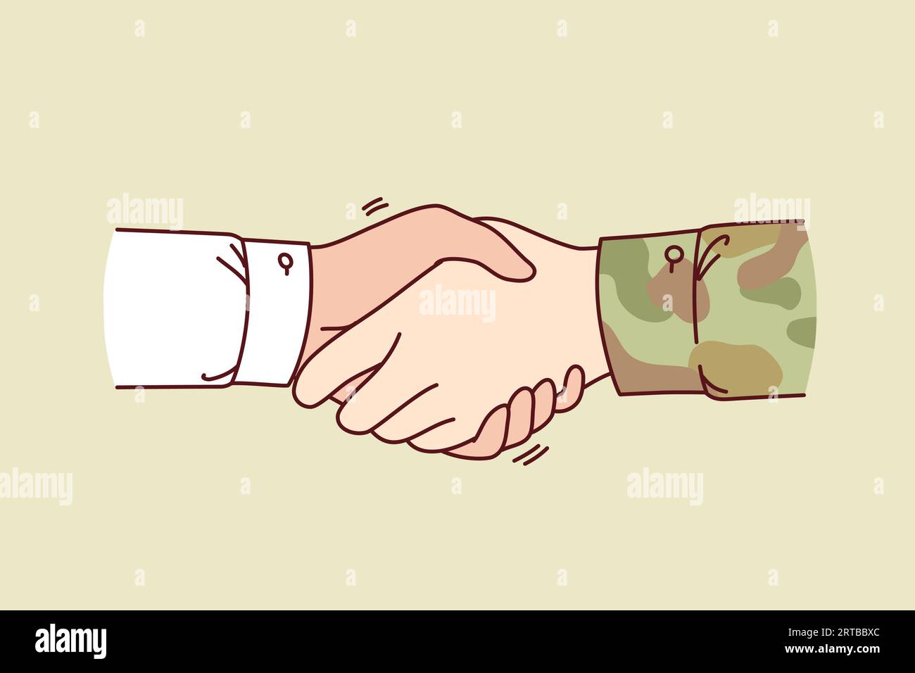 Poignée de main entre soldat et civil symbolisant le soutien des militaires après le retour des hostilités. Mains de l'officier et du Manager au moment de la poignée de main, pour la collaboration de concept avec l'armée Illustration de Vecteur