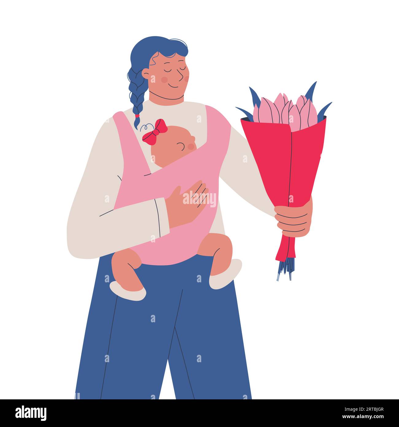 Jeune mère avec un bébé en fronde. Femme mignonne avec un bouquet de fleurs dans ses mains. Illustration isolée vectorielle pour la conception. Illustration de Vecteur