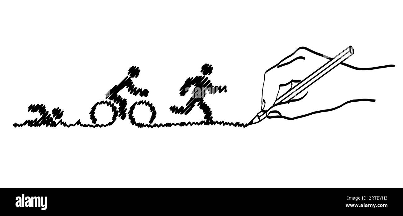 Motif de ligne de triathlon. Itinéraire Triatlon. Sports pour la natation, le cyclisme et la course ou course à pied, vélo et natation pictogramme. Symb d'icône d'activité vectorielle plate drôle Banque D'Images