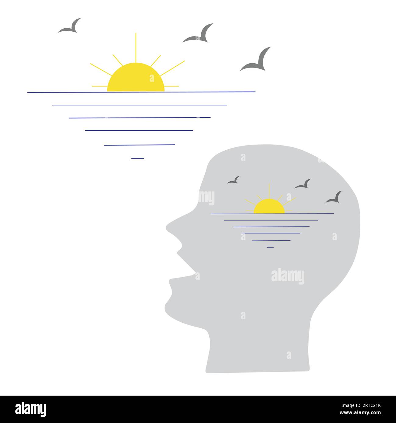 Concept conscient, homme regardant le coucher du soleil et avec un paysage de coucher de soleil dans sa tête Illustration de Vecteur