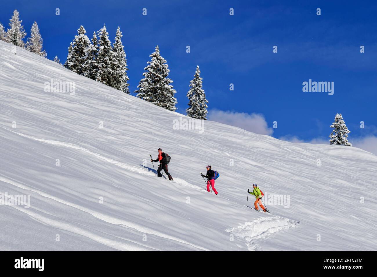 Trois personnes sur une randonnée à ski ascendante vers Kleiner Gamsstein, Kleiner Gamsstein, Hochfügen, Tuxer Alpen, Tyrol, Autriche Banque D'Images