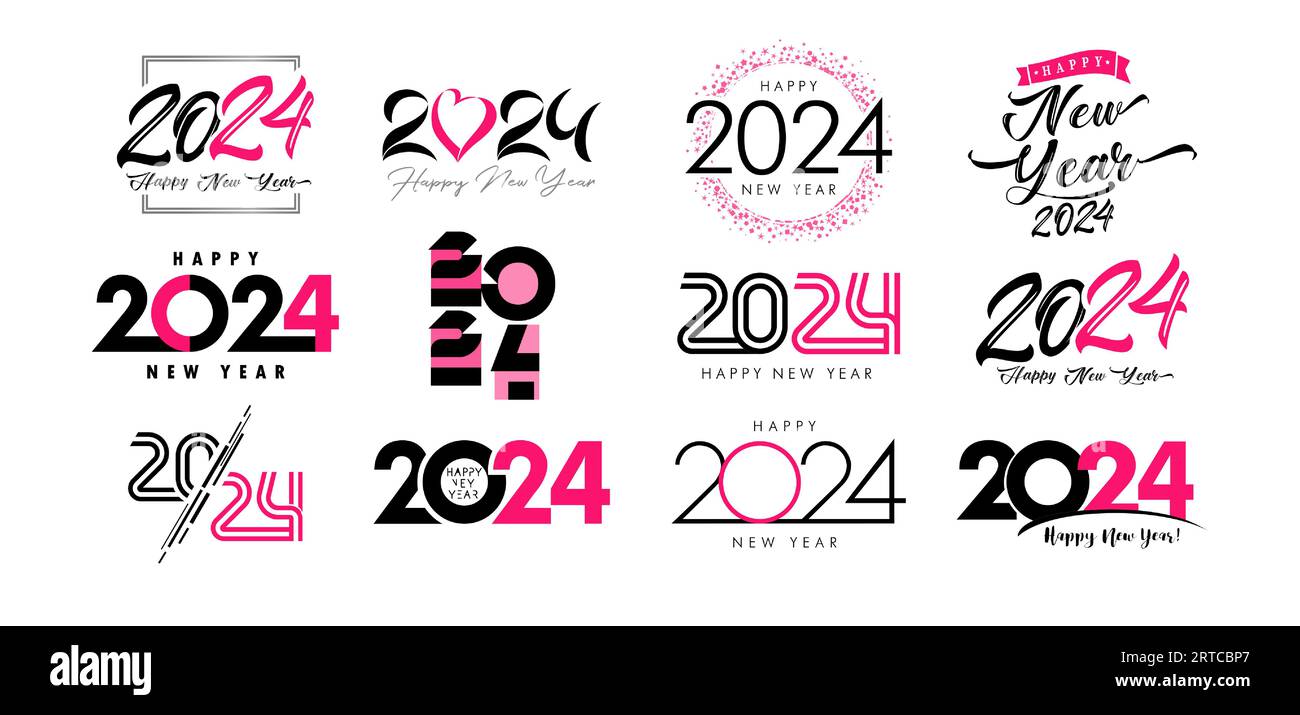 Super ensemble de 2024 bonne année, conception de texte logo de couleur rose. Conception de numéro de vacances du nouvel an pour bannière, carte de voeux ou invitation. Icônes vectorielles Illustration de Vecteur