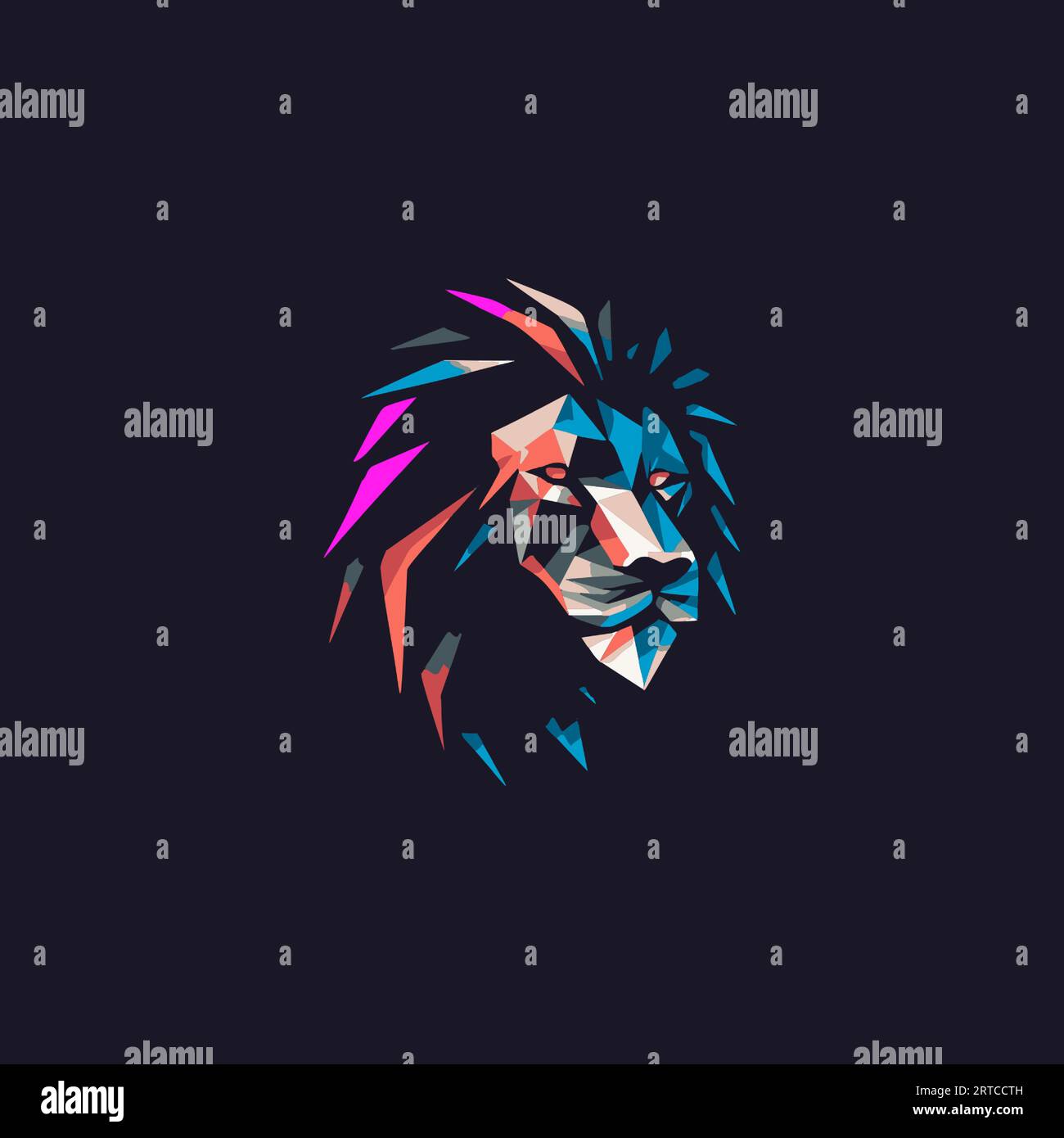 Logo de mascotte de tête de lion polygonal coloré, portrait géométrique abstrait de roi animal dans un style futuriste moderne avec des couleurs lumineuses. Marque polyvalente Illustration de Vecteur