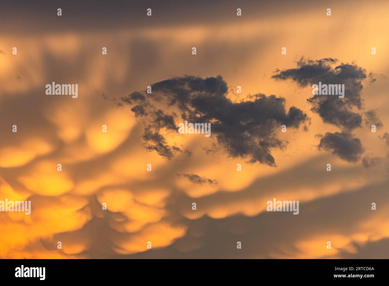 Nuages sombres devant une formation de nuages jaunes brillants au coucher du soleil, Darmstadt, Allemagne Banque D'Images