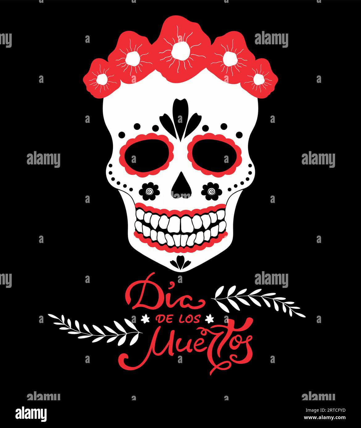 Jour des morts, Dia de los Muertos affiche traditionnelle mexicaine de vacances. Crâne de sucre avec fleurs rouges et écriture manuscrite. Illustration vectorielle Illustration de Vecteur