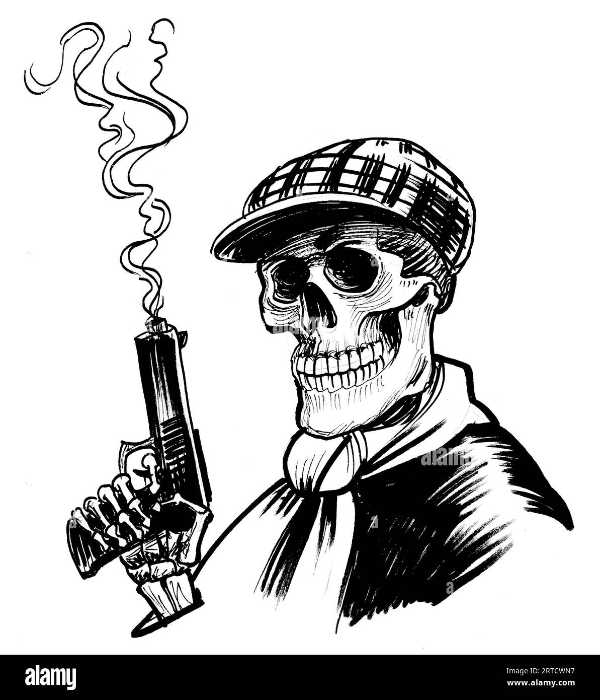 Squelette de bandit avec un pistolet fumant. Croquis noir et blanc dessiné à la main à l'encre Banque D'Images