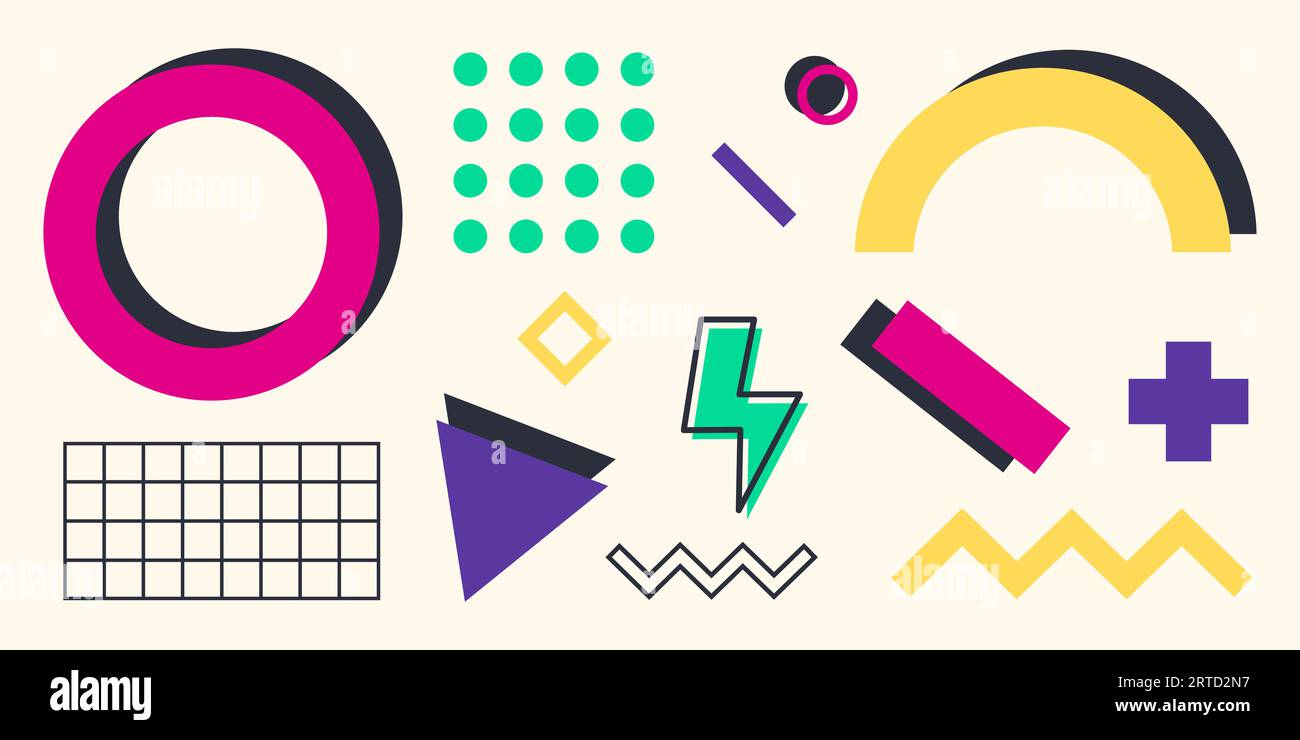 Ensemble d'éléments abstraits des années 90. Illustration vectorielle avec des formes colorées Illustration de Vecteur