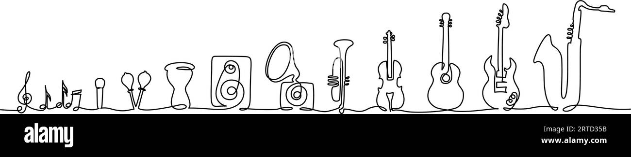 Instruments de musique en ligne. Silhouettes isolées sur fond blanc. Dessin continu d'une ligne. Illustration vectorielle dessin de contour Illustration de Vecteur