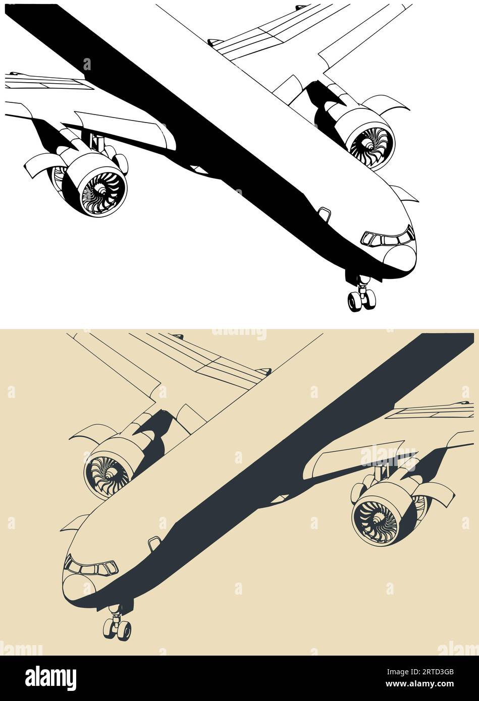 Illustrations vectorielles stylisées d'un avion de passagers à long rayon d'action en maintenance Illustration de Vecteur