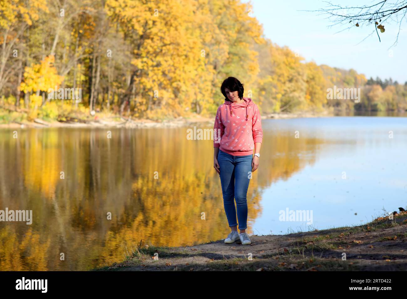 Jeune fille dans un parc d'automne jaune. Belle jeune femme marche sur le chemin de l'automne parc. Banque D'Images