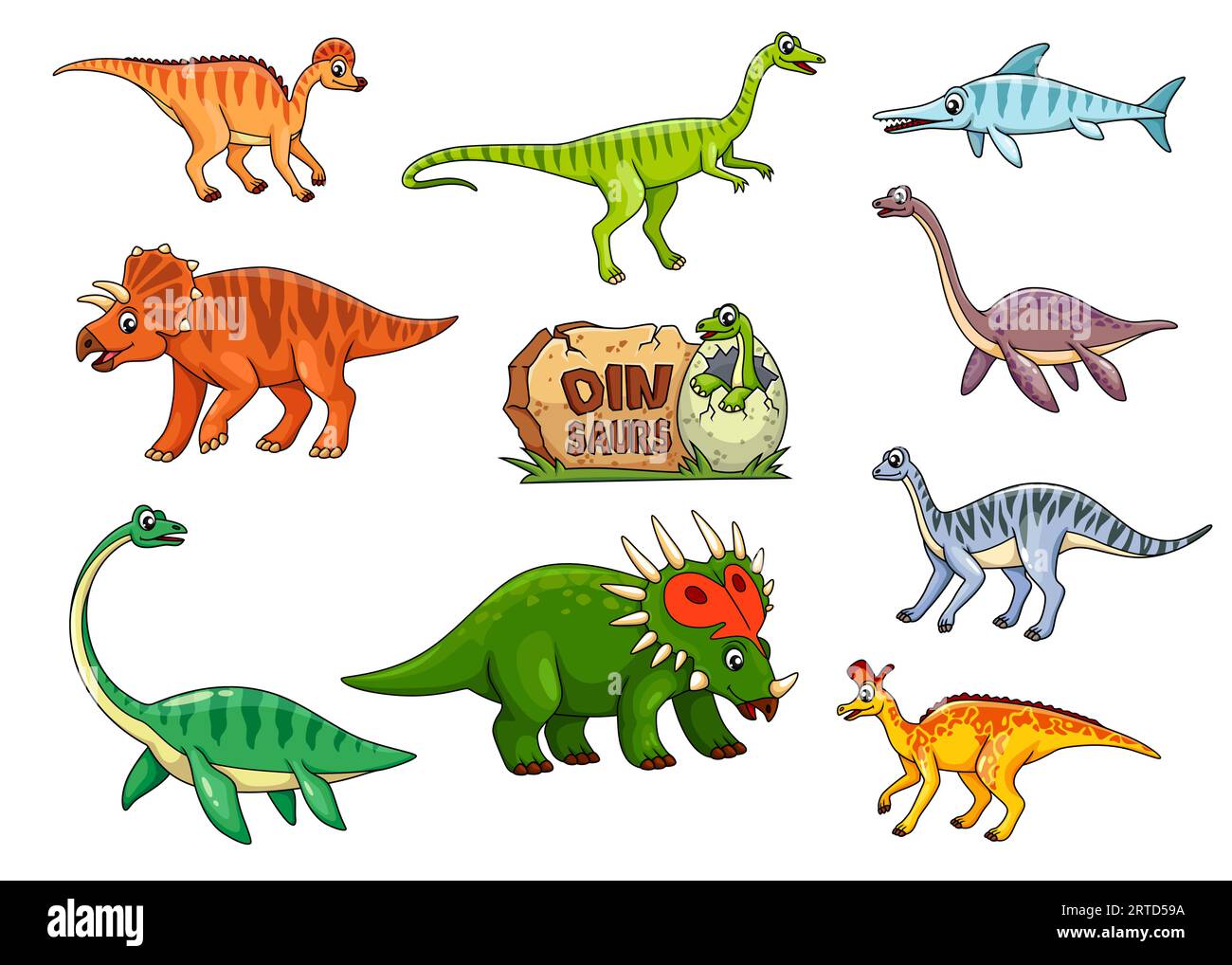 Personnages de dinosaures de dessin animé ou reptiles et lézards de dino Jurassique, jouets vectoriels pour enfants. Personnages de dinosaures mignons monstres et drôle chapeau de bébé joyeux dino Illustration de Vecteur