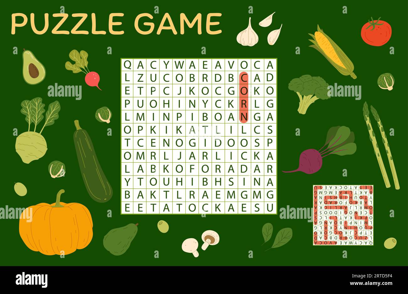 Jeu de puzzle de recherche de mots. Récoltez des légumes crus. Feuille de calcul de vecteur avec betterave, tomate, citrouille et courgettes. Brocoli, avocat, maïs et asperges. Garl Illustration de Vecteur