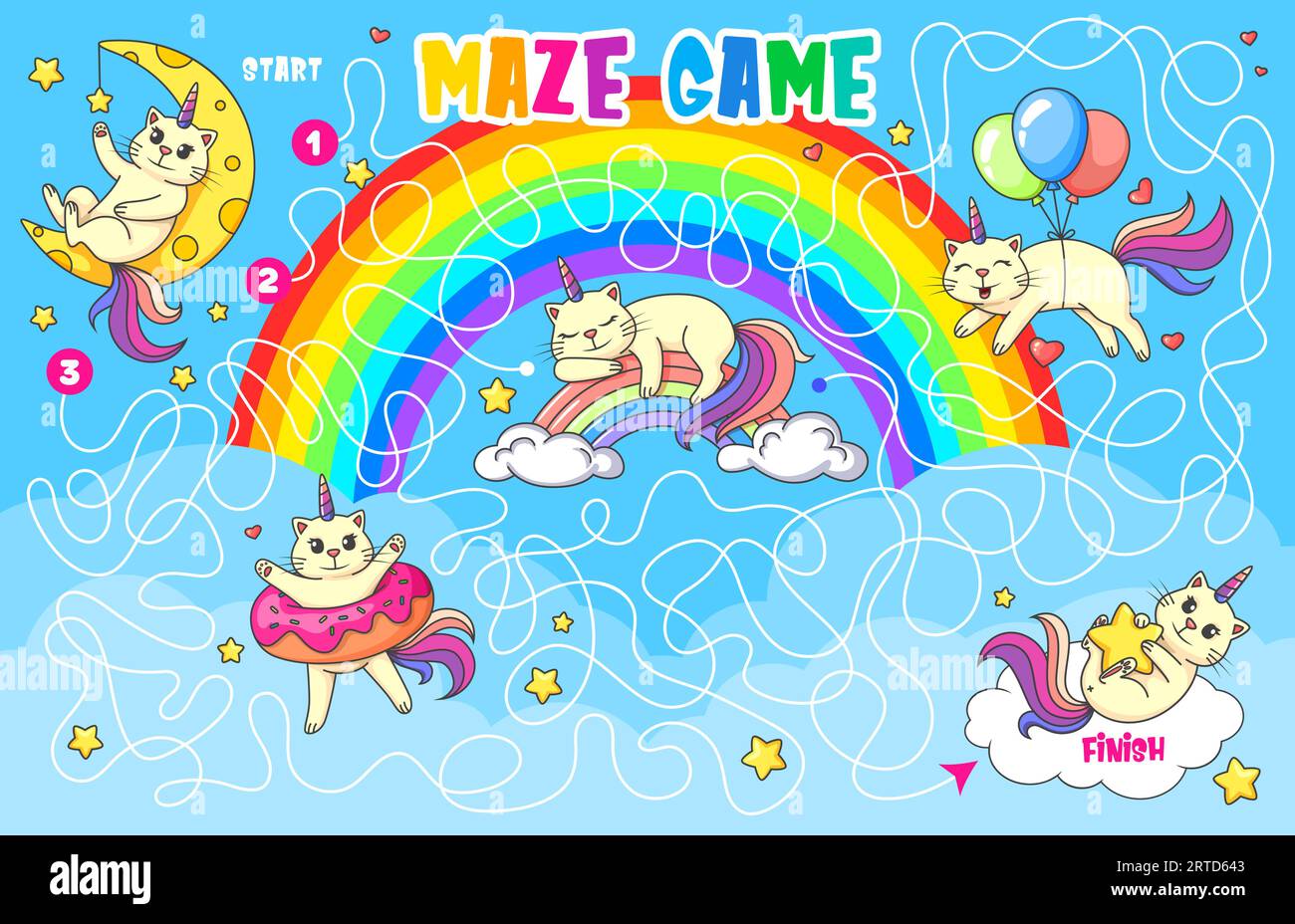 Labyrinthe labyrinthe. Aide mignon chat de caticorne pour trouver des amis, quiz de jeu d'enfants. Dessin animé Funny licorne Kitty Characters feuille de travail de puzzle vectoriel avec labyrinthe Illustration de Vecteur