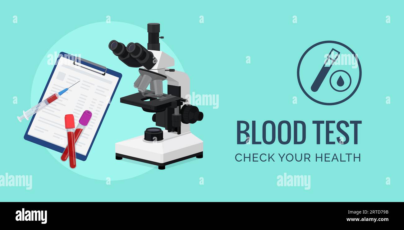 Test sanguin et diagnostic : microscope, échantillons de sang et dossiers médicaux, bannière avec espace de copie Illustration de Vecteur