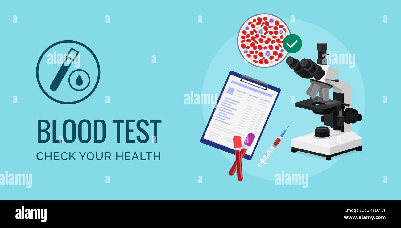 Test sanguin et diagnostic : microscope, échantillons de sang et dossiers médicaux, bannière avec espace de copie Illustration de Vecteur