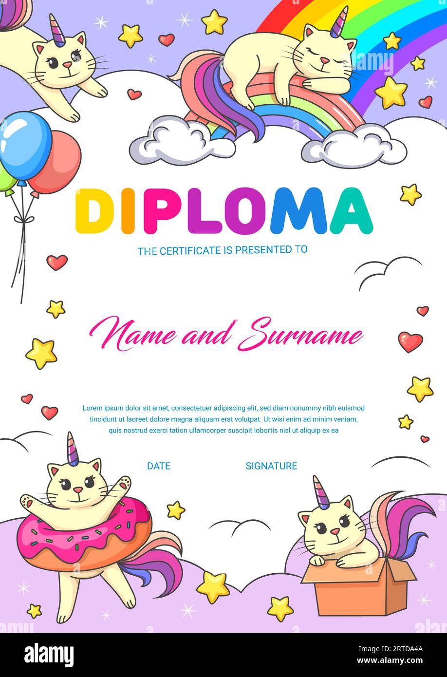 Enfants de dessin animé de diplôme drôles de chats cationcorn sur arc-en-ciel. Modèle vertical vectoriel de l'éducation ou de l'école de graduation ou certificat de maternelle avec des chatons licorne kawaii mignons. Cadre de récompense pour le gagnant Illustration de Vecteur