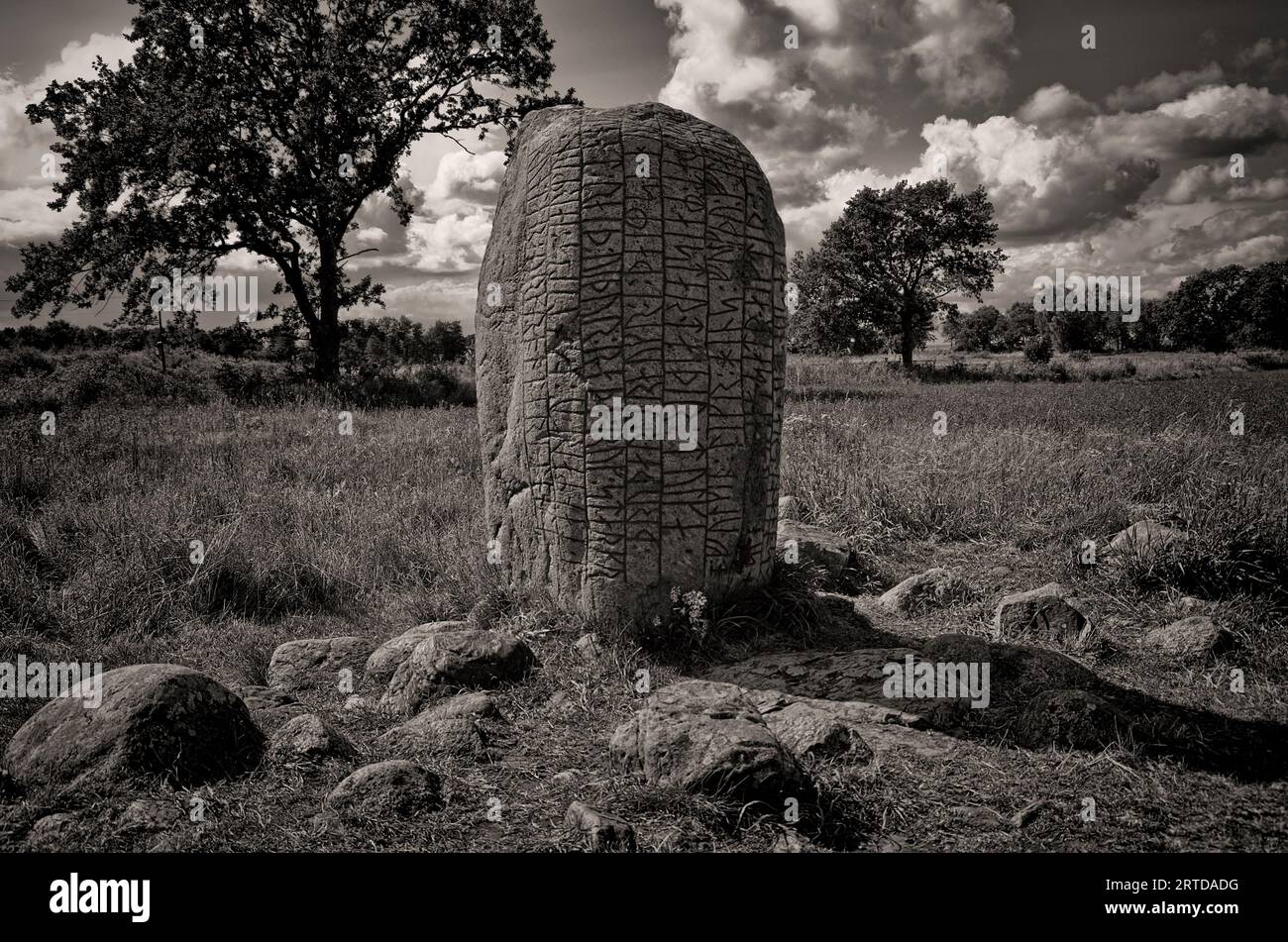 Ancienne pierre de Karlevi, également appelée pierre de Karlevi, à l'extérieur du village de Färjestaden, île de Öland, comté de Kalmar, Suède. Banque D'Images