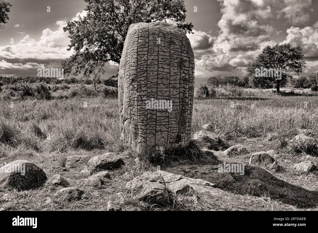 Ancienne pierre de Karlevi, également appelée pierre de Karlevi, à l'extérieur du village de Färjestaden, île de Öland, comté de Kalmar, Suède. Banque D'Images