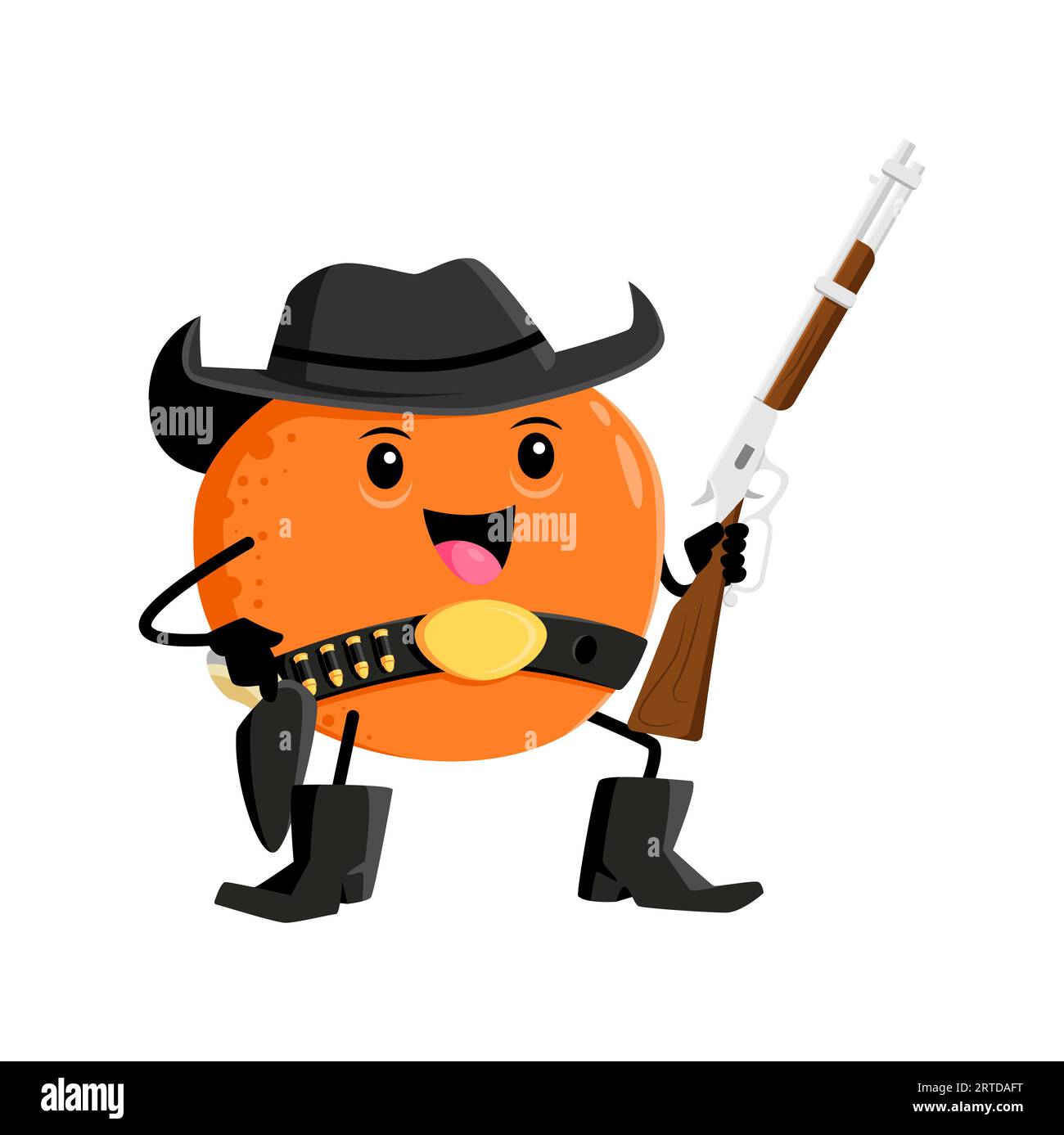 Caricature orange fruit cow-boy, shérif, ranger et personnage de bandit armé d'un fusil humoristique personnage d'agrumes dans la tenue de style occidental avec arme à feu. Vecteur drôle de nourriture saine, produit vitaminé ou collation Illustration de Vecteur