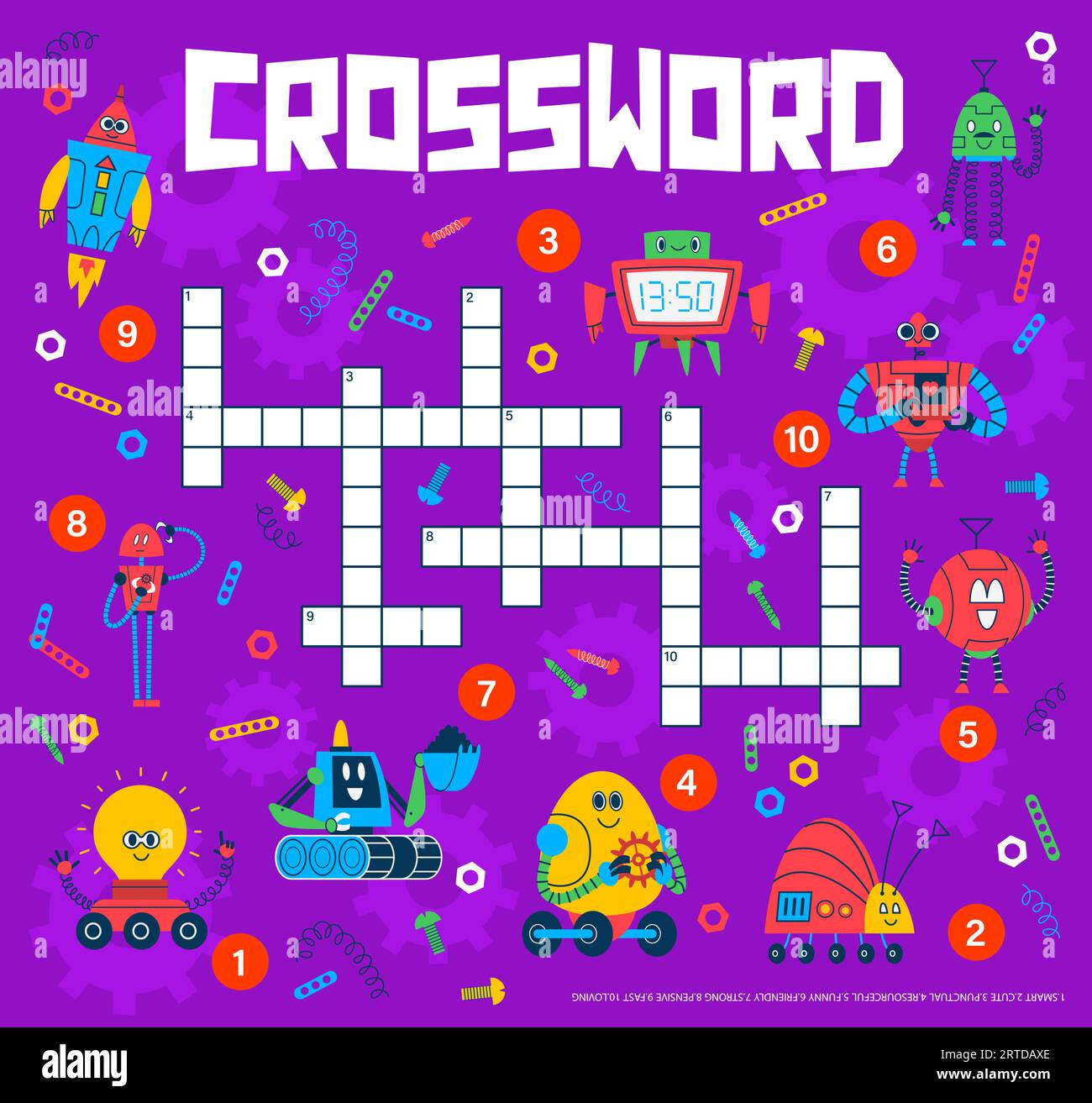 Jeu de mots croisés. Robots de dessin animé et grille de puzzle de droïdes, feuille de travail de vecteur d'éducation des enfants avec jouet robot mignon et personnages de machine spatiale. Androïdes drôles, intelligents et affectueux, cyborgs rapides et forts Illustration de Vecteur