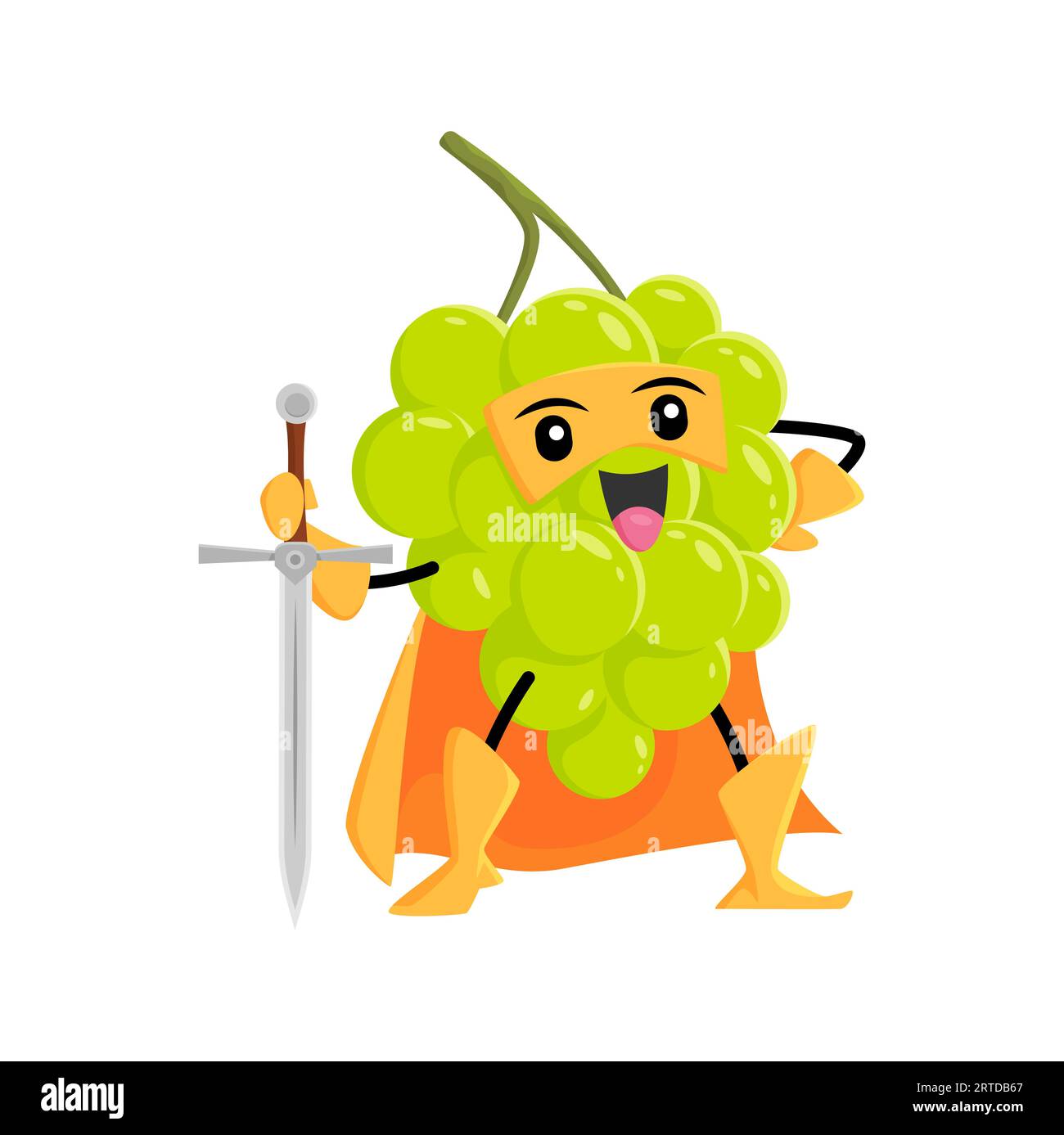 Dessin animé drôle de raisins super-héros à cape. Vecteur super héros défenseur de baies personnage dans le manteau jaune et le masque tenant l'épée. Joyeux personnage alimentaire sain de conte de fées, courageux chevalier de plante de jardin de raisin Illustration de Vecteur