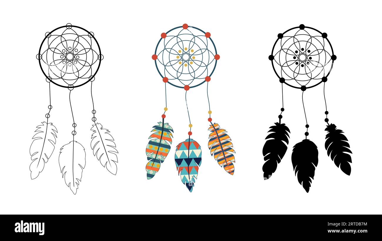 Ensemble de capteurs de rêve amérindiens. En couleur, silhouette, contour. Vecteur isolé sur blanc. Mandala et plumes. Culture indienne. Talisman spirituel ethnique. Spiritualisme. Imprimé hippie. Illustration de Vecteur
