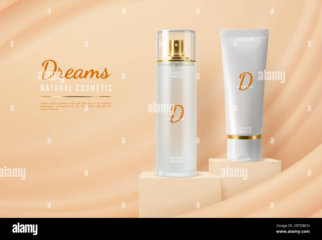 Crème cosmétique, maquette de parfum sur podium beige. Eau de toilette, crème de soin de la peau ou plate-forme de présentation de récipient de lotion ou podium, vitrine de promotion de produits cosmétiques de luxe, bannière vectorielle réaliste Illustration de Vecteur