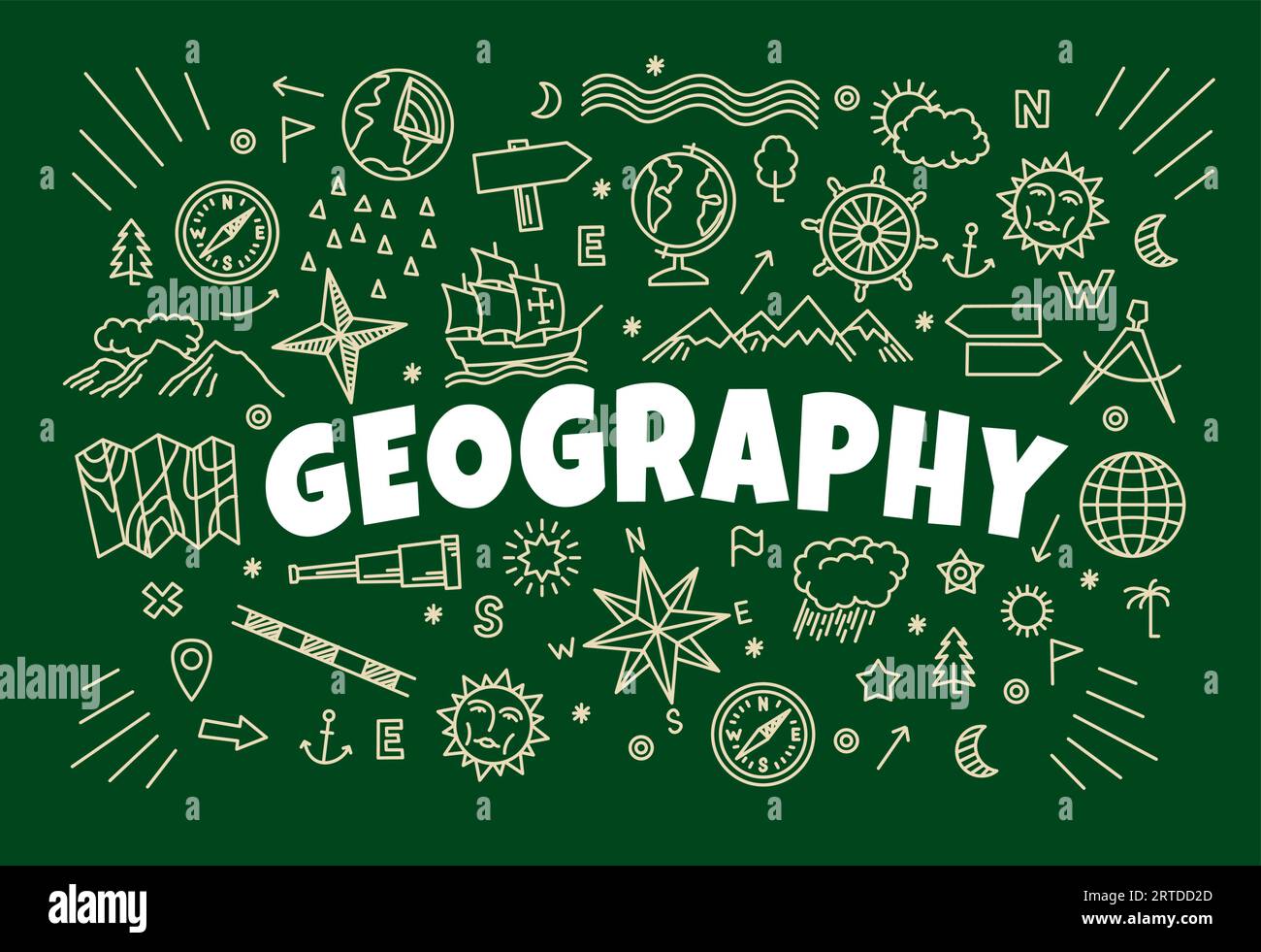 Fond de géographie avec des signes et des symboles de carte sur le tableau noir de l'école. Boussole à la craie d'esquisse vectorielle, carte du monde et globe terrestre, nuages, soleil et montagnes, étoile du Nord, rose des vents et signes cartographiques Illustration de Vecteur