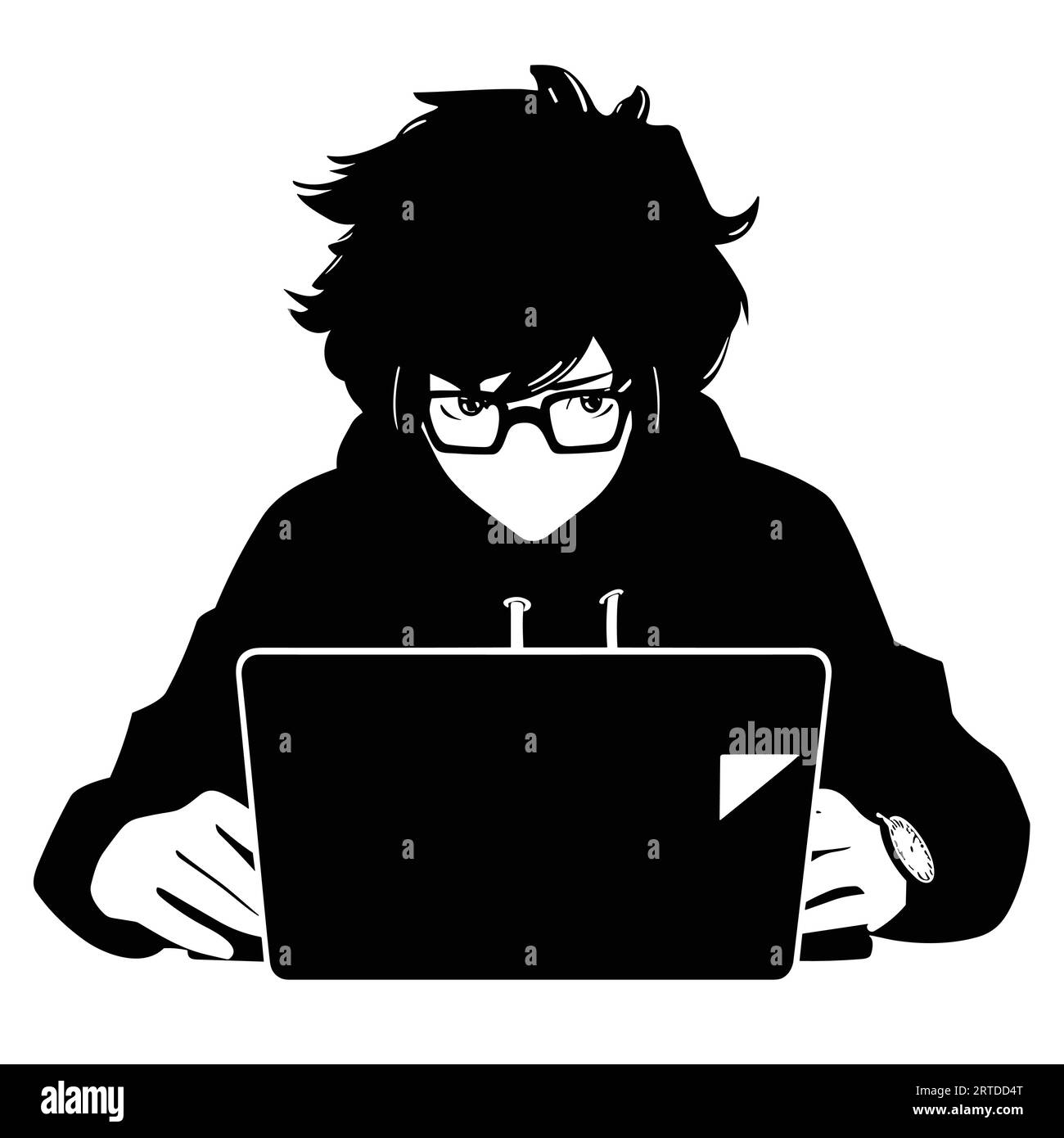 Pirate informatique avec ordinateur portable couleur noir et blanc Illustration de Vecteur