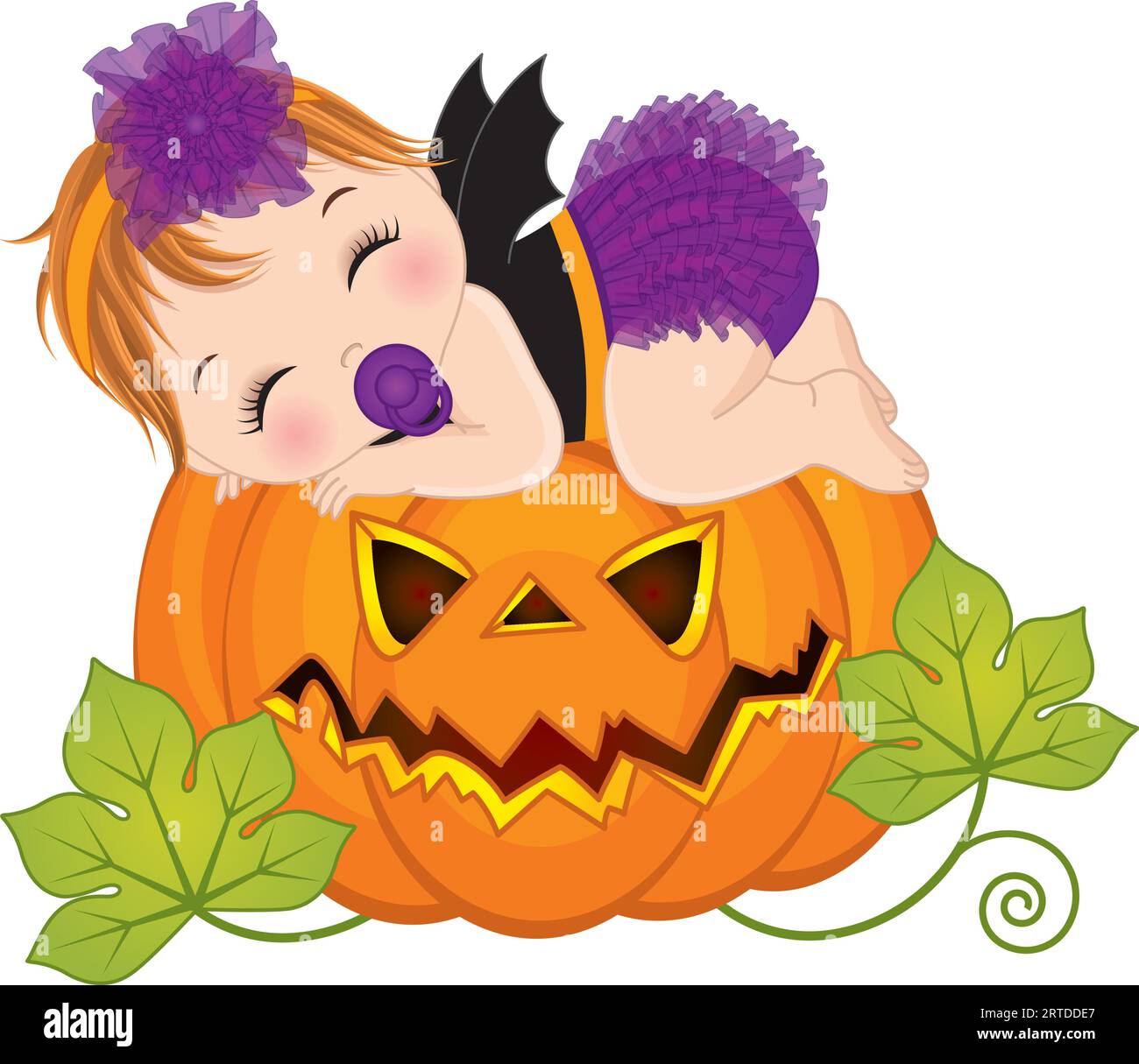 Vector Little Caucasian Baby Girl dans Halloween Costume Sleeping on Pumpkin Illustration de Vecteur