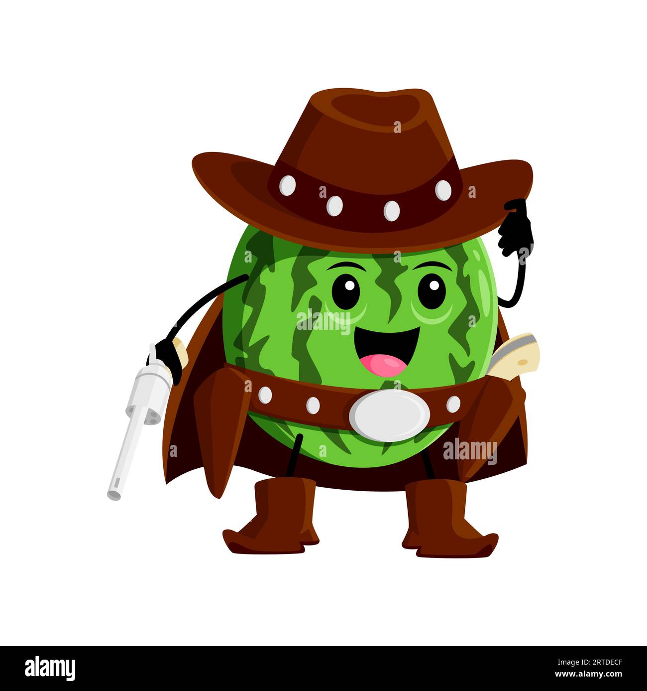 Cowboy, shérif, ranger et bandit de fruits de pastèque de dessin animé. Vector Wild West mûr héros juteux porter chapeau et bottes tenant des pistolets. WESTERN Personage nourriture saine, stockrider de vitamine de cheval Illustration de Vecteur