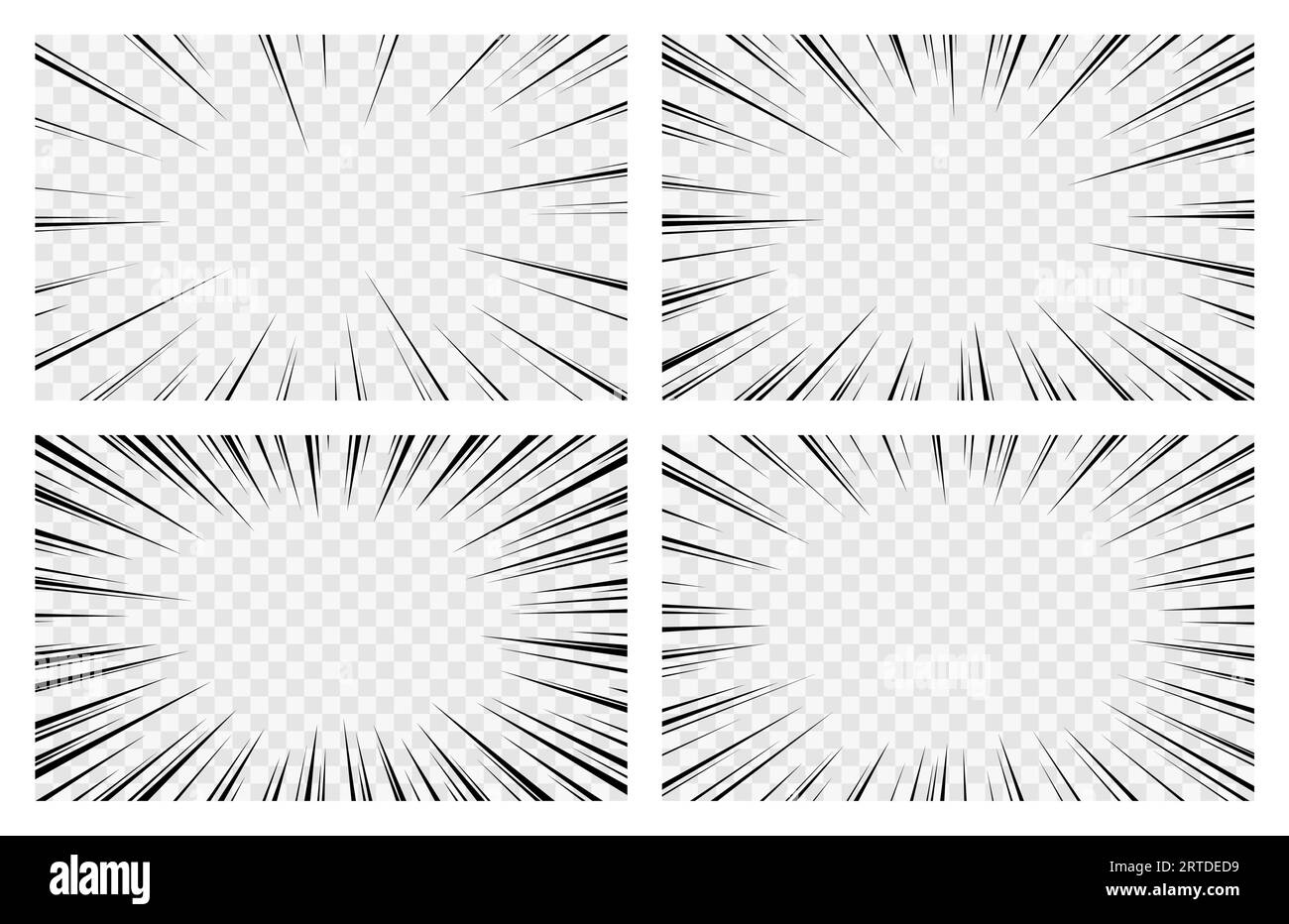 Fond transparent Manga, effet d'explosion comique. Ensemble de cadres de lumière flash de livre de bande dessinée vectoriel abstrait. Bordures monochromes avec lignes radiales. Super-héros éclatant, rayonnant, accélérant le mouvement Illustration de Vecteur