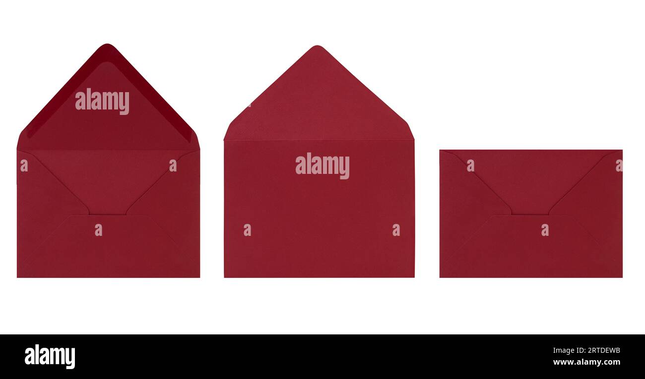 Enveloppe ouverte rouge Bourgogne isolée sur fond blanc. Lettre, vue avant et arrière. Élément de design pour les affaires, anniversaire, Saint-Valentin. Espace de copie Banque D'Images
