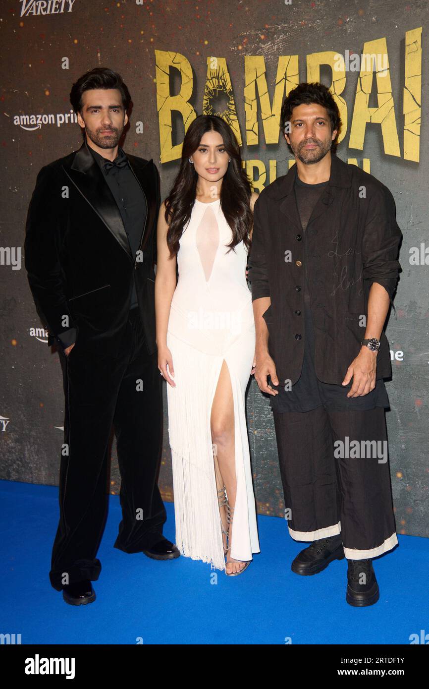 Londres, Royaume-Uni . 12 septembre 2023 . Avinash Tiwary et Kritika Kamra, Avinash Tiwary, Kritika Kamra et Farhan Akhtar photographiés lors du *Red Carpet photo-Call* de la série Amazon Prime Bambai Meri Jaan qui s'est tenu au vue West End Leicester Square. Crédit : Alan D West/EMPICS/Alamy Live News Banque D'Images