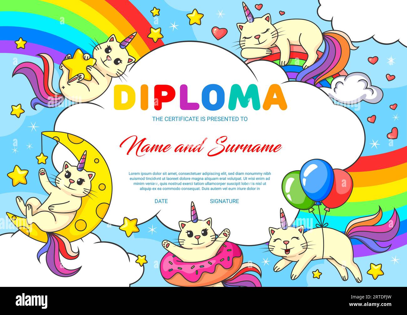 Dessin animé mignon chats gais de caticorne et personnages de chatte sur arc-en-ciel. Diplôme de vecteur d'éducation des enfants avec parsonage drôle de chat de caticorne de fée dormant sur l'arc-en-ciel, jouant avec l'étoile et volant sur le ballon Illustration de Vecteur