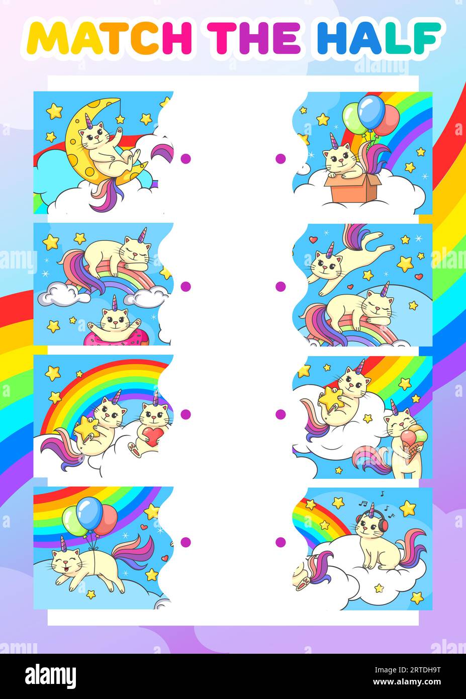 Match la moitié de dessins animés chats castrés drôles sur arc-en-ciel. Feuille de calcul de jeu de correspondance de vecteur avec la licorne mignonne Kawaii chaton, animaux fantastiques drôles. Connectez les pièces correctes Riddle pour la cognition des enfants Illustration de Vecteur