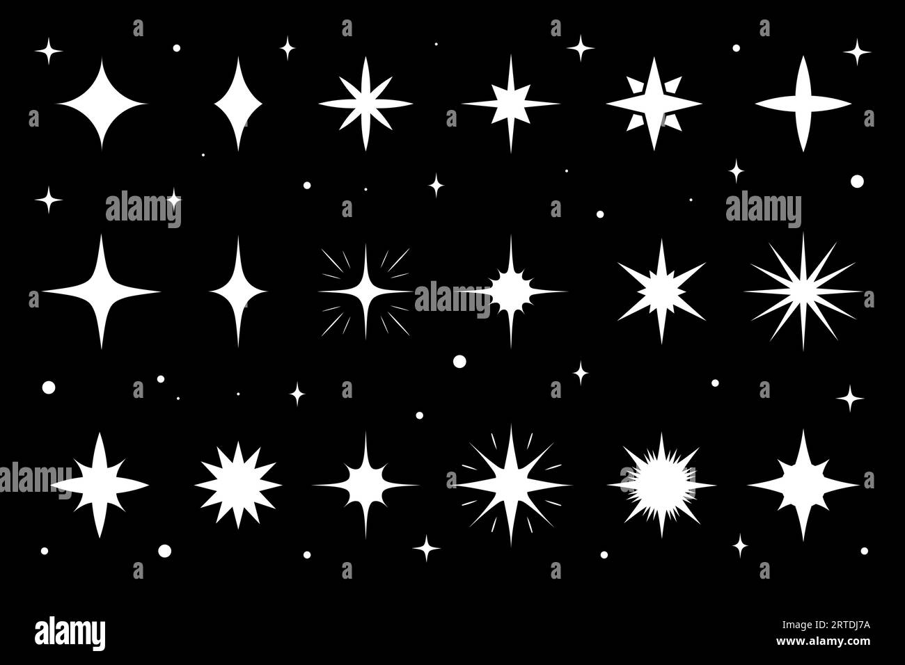 Scintillant, étincelle étoilée. Silhouettes blanches éclatées d'étoiles et étincelles d'étoiles. Ensemble vectoriel isolé de lumières brillantes et d'étincelles. Étoiles lumineuses simples avec des rayons lumineux et un effet de lumière parasite. Éclat magique, paillettes brillantes Illustration de Vecteur