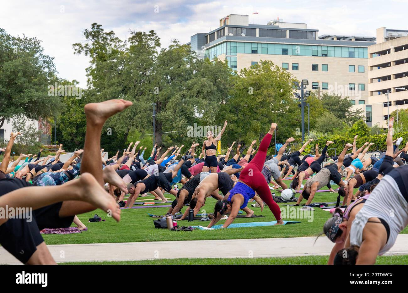 Cours de yoga en plein air au Waterloo Greenway Park à Austin, Texas Banque D'Images
