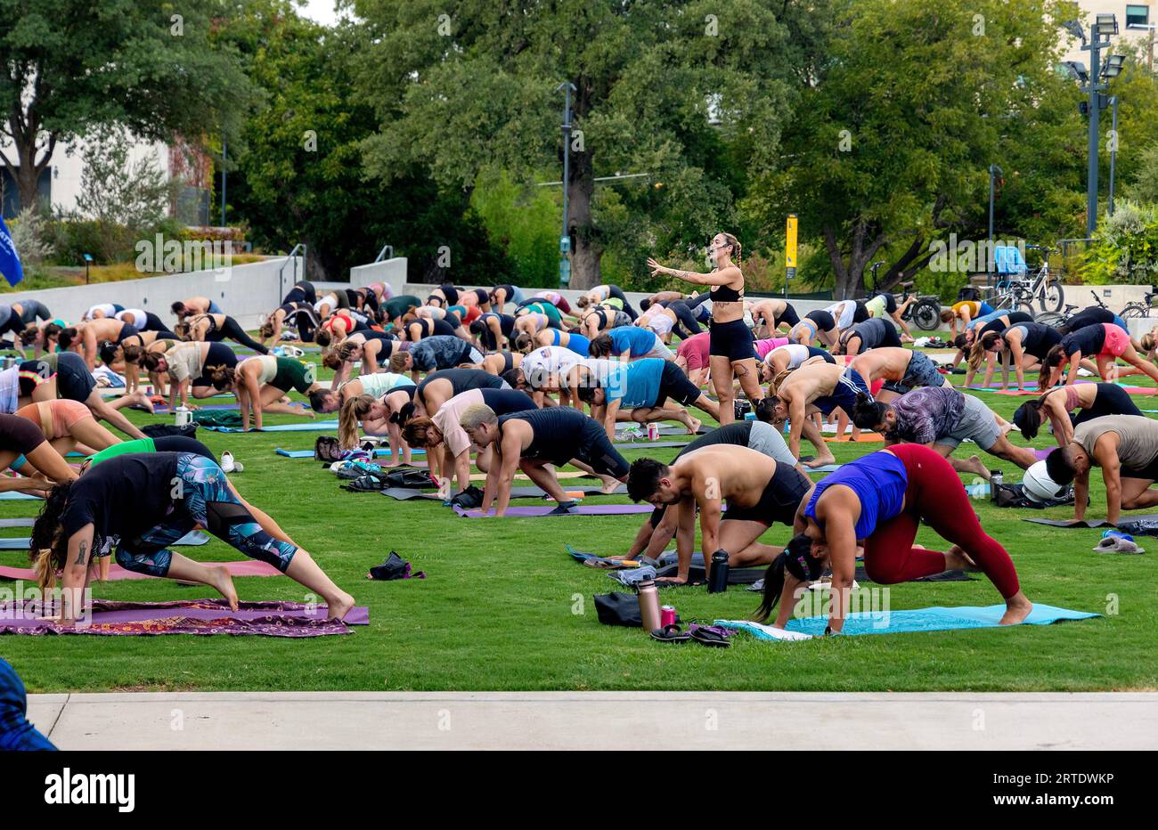 Cours de yoga en plein air au Waterloo Greenway Park à Austin, Texas Banque D'Images