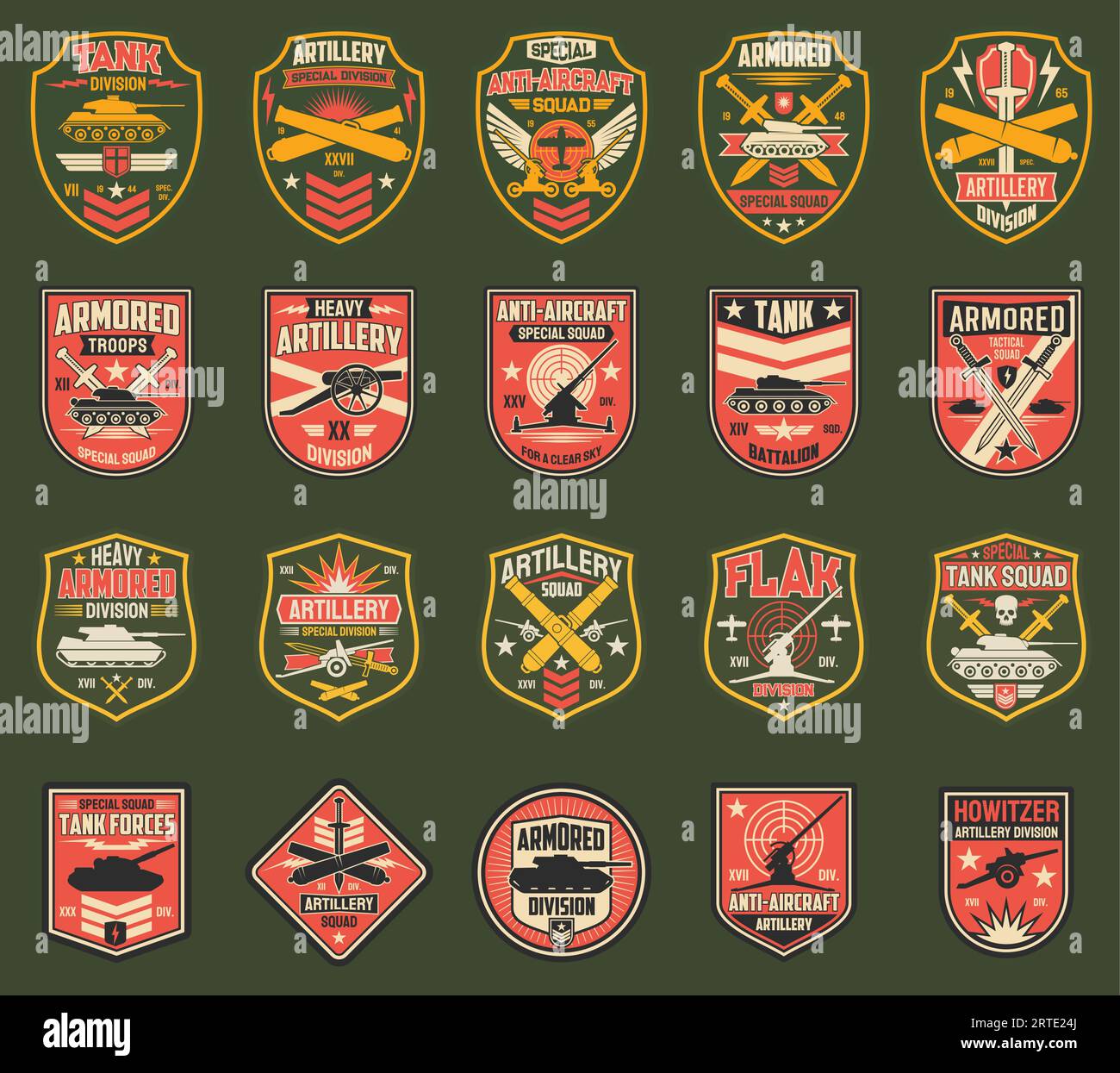 Icônes vectorielles de chevrons militaires des États-Unis, rayures pour la division de chars, l'artillerie et l'escouade spéciale anti-aérienne, les troupes blindées, flak et obusier. Insigne isolé de l'armée américaine avec chars, canons ou épées Illustration de Vecteur