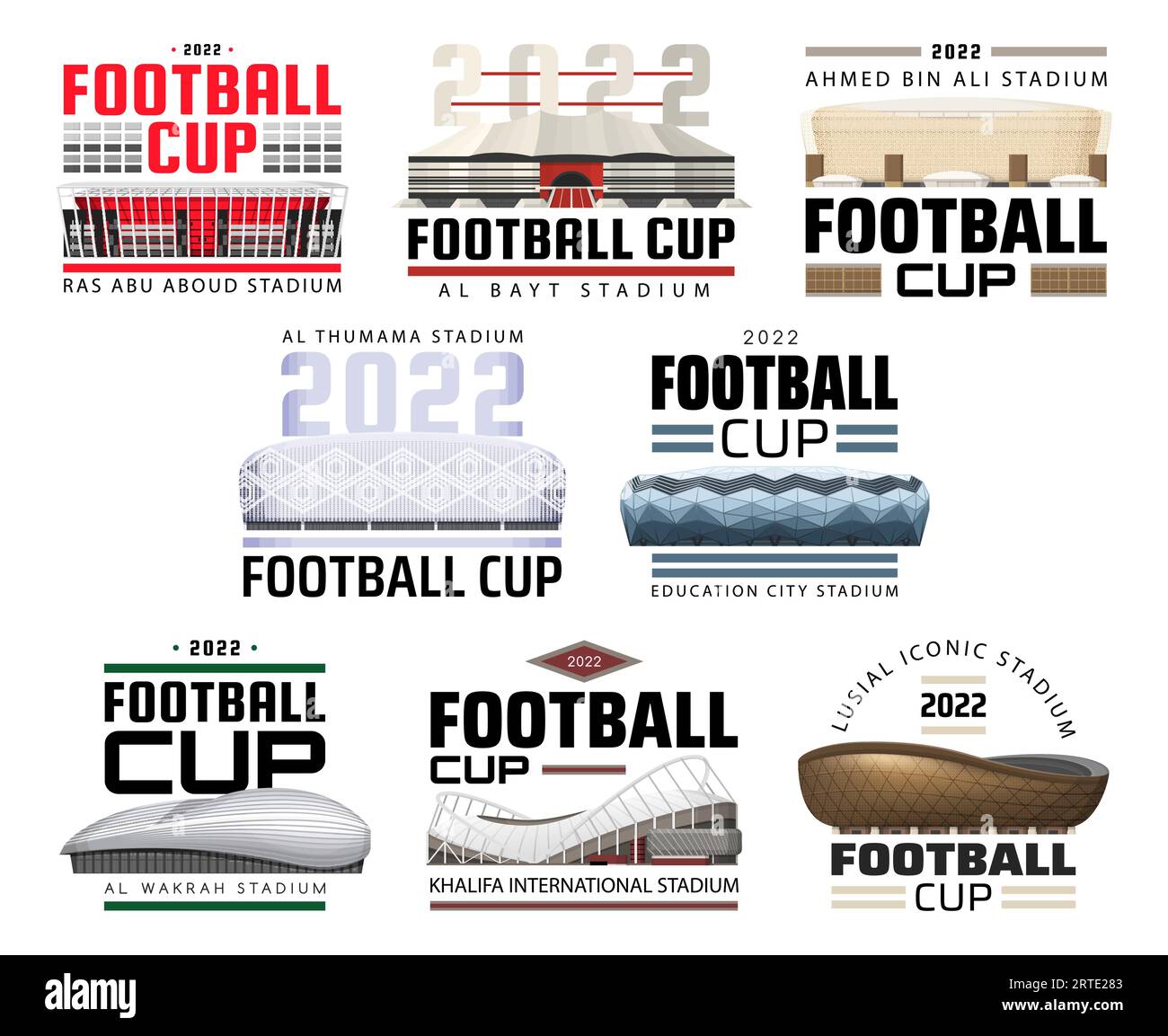 Icônes vectorielles isolées de coupe de championnat de football avec des bâtiments de stade de sport d'équipe de football. Symboles de match de tournoi de compétition avec arènes sportives modernes, ligue championne, emblèmes de club sportif Illustration de Vecteur