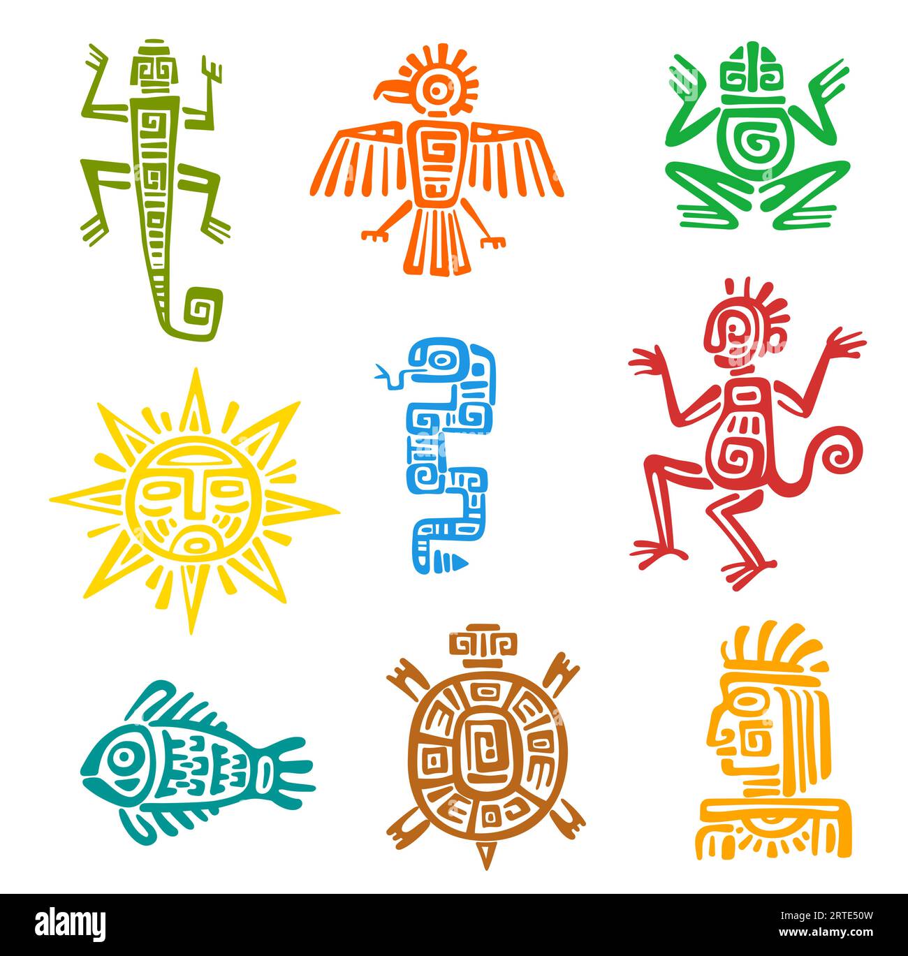 Totem aztèque maya avec symboles vectoriels isolés d'animaux et d'oiseaux. Aigle tribal mexicain antique, serpent, tortue et lézard, dieu aztèque, pyramide, soleil et singe, poisson, grenouille, corbeau avec motif ethnique Illustration de Vecteur